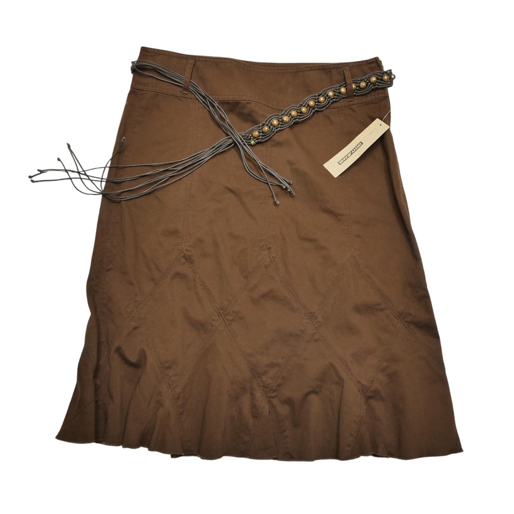 DKNY JEANS Skirt Womens 8 Brown Cotton Twill Beaded Belt A-Line Boho Casual